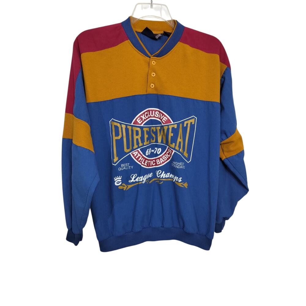 M1150)Vtg 80 Pure Sweat 1X Colorblock Graphic 1/4 Henley Button Pullover Sweat